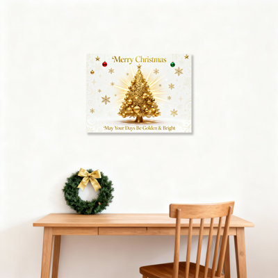 Ensemble de 1 tableau sur toile représentant un sapin de Noël doré orné de flocons de neige et de décorations.
