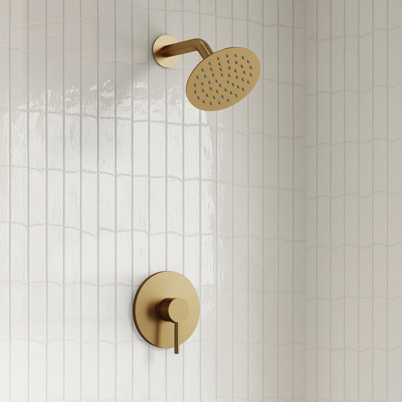 Single-Function Shower Faucet with Round Rainfall Head and Pressure-Balanced Valve Trim Kit, Brushed Gold