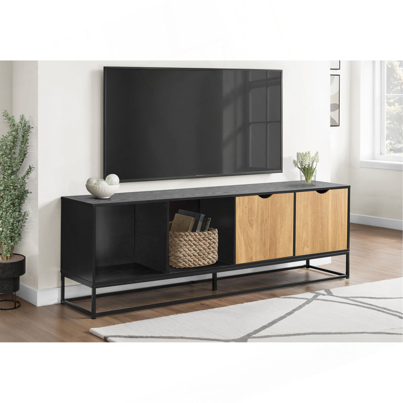 Meuble télé, 72 po, console, meuble multimédia, armoire de rangement, stratifié noir, métal noir
