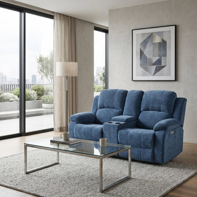 Hudson Light Blue Fluffy Fabric Manual Recling Loveseat