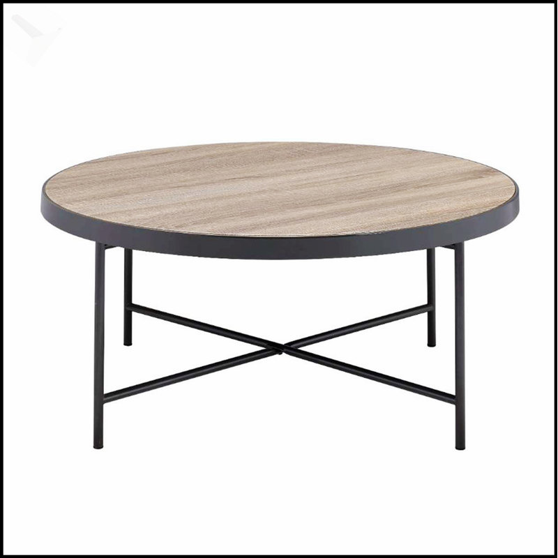 Table basse ronde en bois avec cadre en métal, alliant charme rustique et durabilité industrielle pour les espaces de vie modernes.