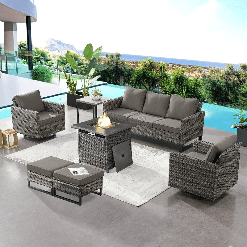 Naresa 7-Piece Outdoor Sofa Set, Wicker Patio Furniture Set With Fire Pit Table, All-Weather PE Wicker, Gray
