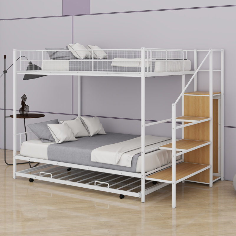 Lit superposé en métal avec lit gigogne, échelle de rangement latérale et garde-robe