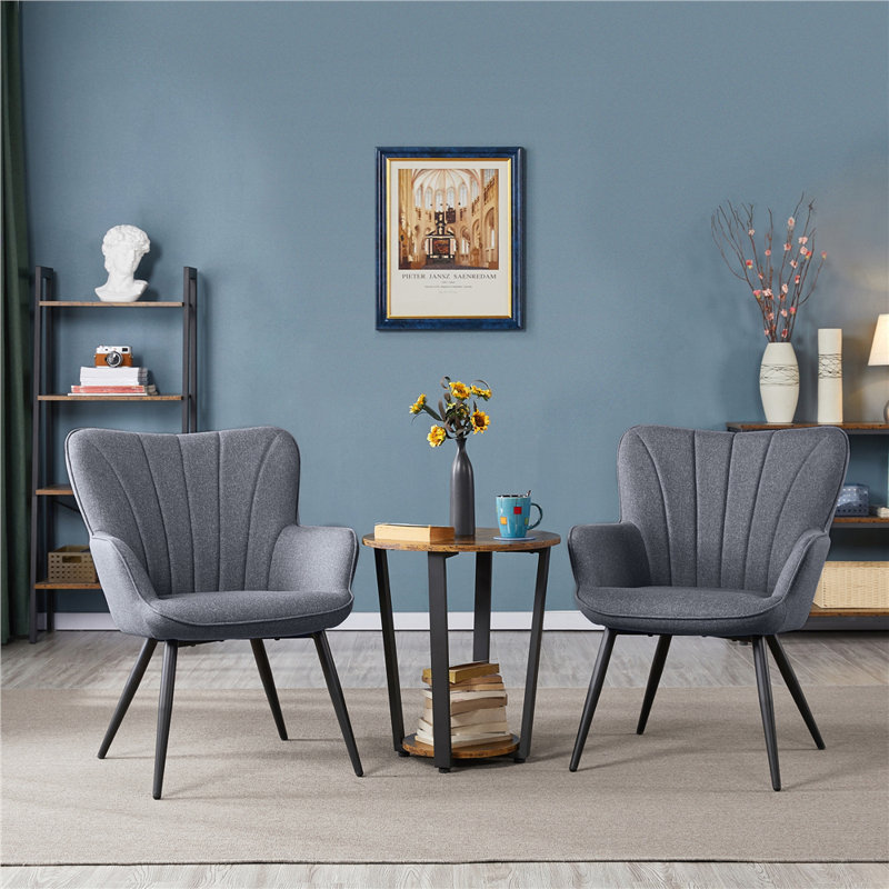 Bakhyt 25" Wide Upholstered Curved Back Armchair, Gray Linen, Black