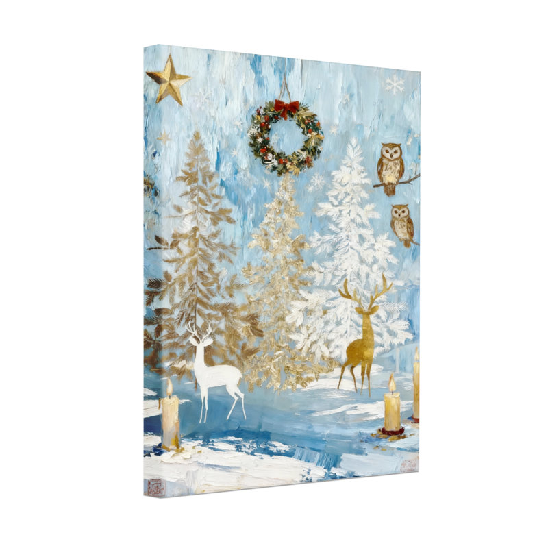 Ensemble de 3 impressions d'art sur toile, "Christmas Winter Forest With Deer and Owls", H 30 po x l 20 po