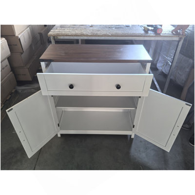 Armoire de rangement Farmhouse avec tiroir et tablette réglable, armoire de cuisine blanche avec comptoir en noyer, armoire à café moderne pour la cuisine, la salle à manger, la salle de bain, le vestibule