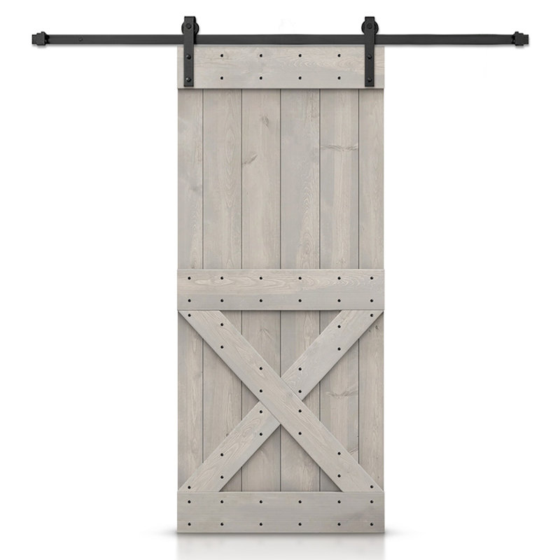 Porte de grange à panneaux et en bois avec quincaillerie d'installation, 28 po x 84 po, Chêne vieilli, Noir mat