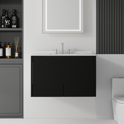 Meuble-lavabo flottant avec lavabo, avec porte à fermeture en douceur, comptoir en marbre de Carrare, contreplaqué, noir