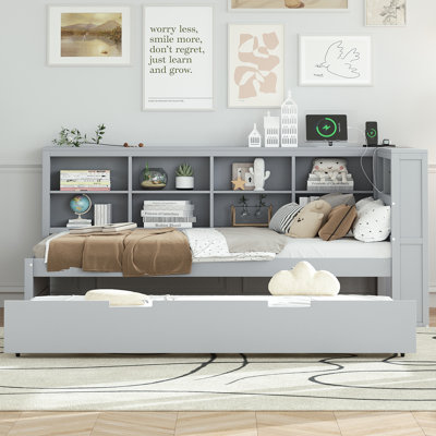 Emareon Wooden Space Saver Daybed with Trundle, USB Charger and 2 Storage Shelf by Wildon Home