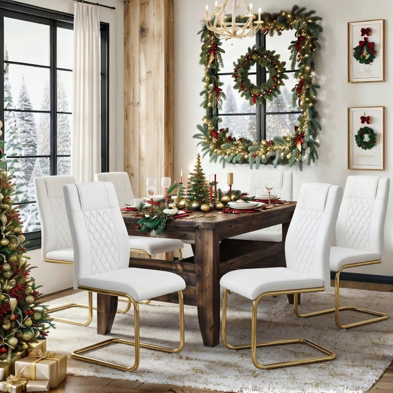     Kimara Modern Faux Leather Diamond Quilt Cantilever Dining Chairs , White, Gold