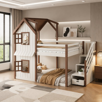 House Bunk Bed with Storage Stairs, Kids Playhouse Bunk Bed with Roof and Windows, Solid Wood Bed Frame with multifunctional Lower Space