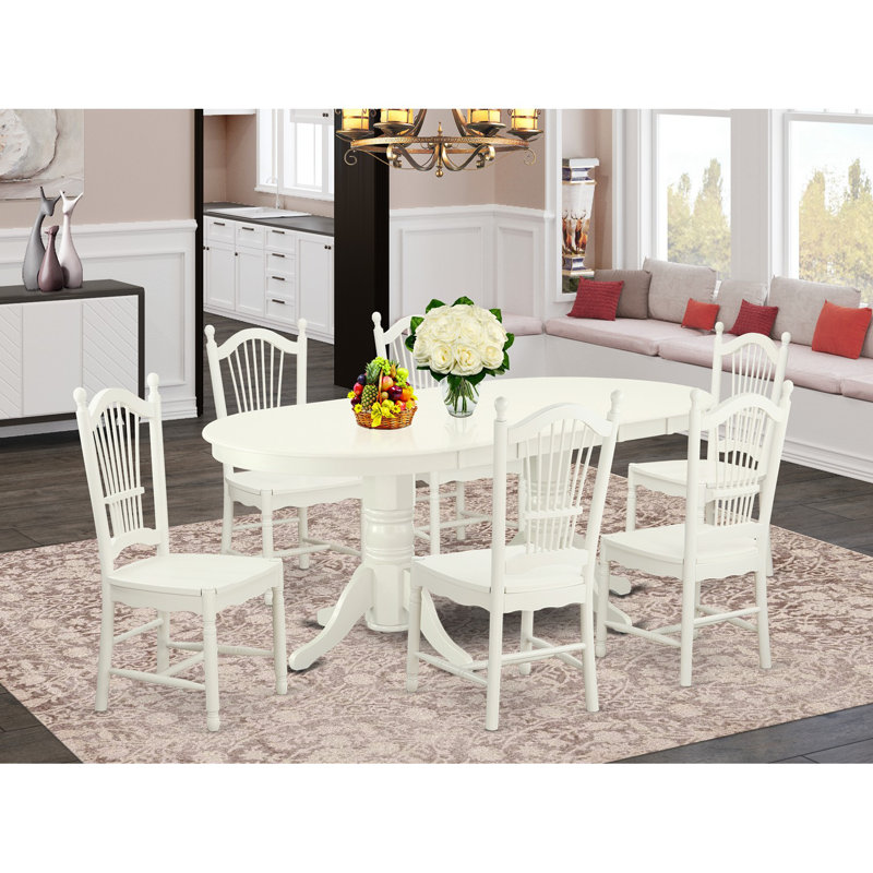 7 Piece Modern Dining Table Set Consist of an Oval Wooden Table with Butterfly Leaf and 6 Dining Room Chairs, Linen White, 7