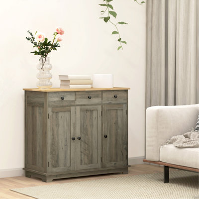 Sideboard Solid Wood Countertop, Kitchen Storage Cabinet, Coffee Bar Cabinet With 3-Drawers, Doors, And Adjustable Shelf, Distressed Gray