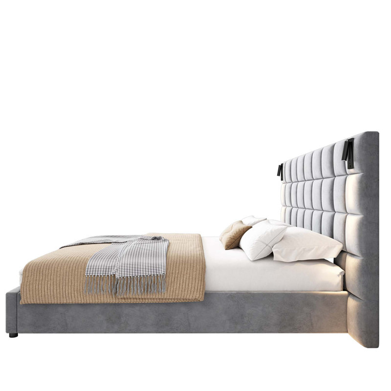 Upholstered Bed,with Reading Lamp and Usb Port, Wide Headboard,without Bedside Tables and Mattress,Velvet, King