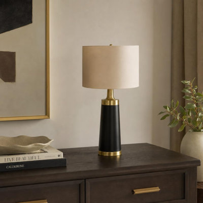 28'' Contemporary Table Lamp, Black Metal Bedside Accent Lamp with Gold Accents & Beige Linen Drum Shade for Living Room, Bedroom