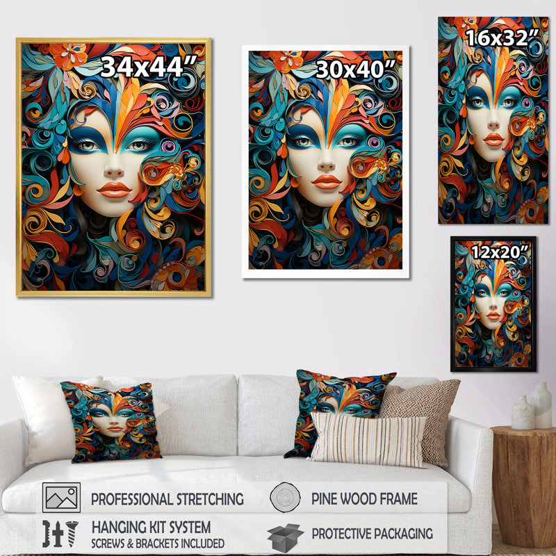 «Venice Carnival Woman Portrait II», reproduction sur toile, Cadre doré simple, H 44 po x l 34 po x P 1,5 po