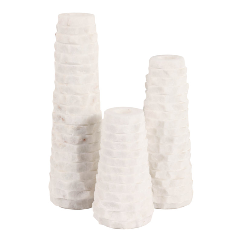 Bougeoirs coniques en marbre texturé pour salon - Décoration moderne à poser sur une table ou dans une cuisine - Lot de 3, 23 cm, 20 cm, 15 cm, ivoire