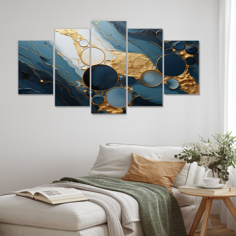  «Gold and Blue Marble Essence Magic III - Abstract Marble Multipanel Wall Art, ensemble