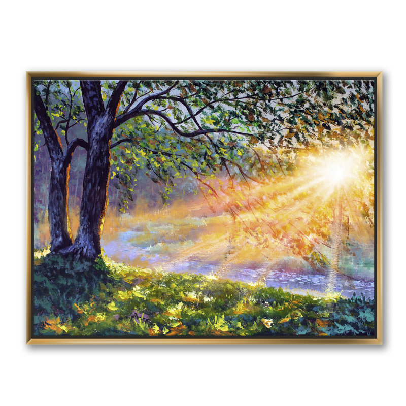 «Dawn Sunshine Light by the River», reproduction d'art sur toile, H 36 po x l 46 po x 1,5 po, Toile encadrée d'or