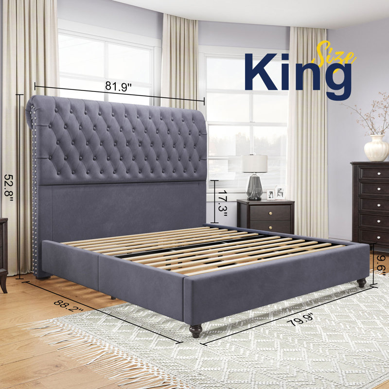 Alhaji Upholstered Wingback Bed, King, Silver Gray