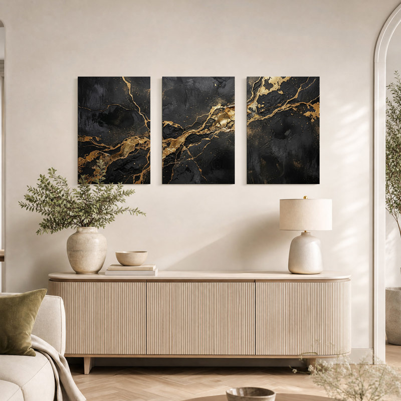 Abstrait art texturé sur toile marbré noir et doré, H 30 po x l 20 po x 3 pièces