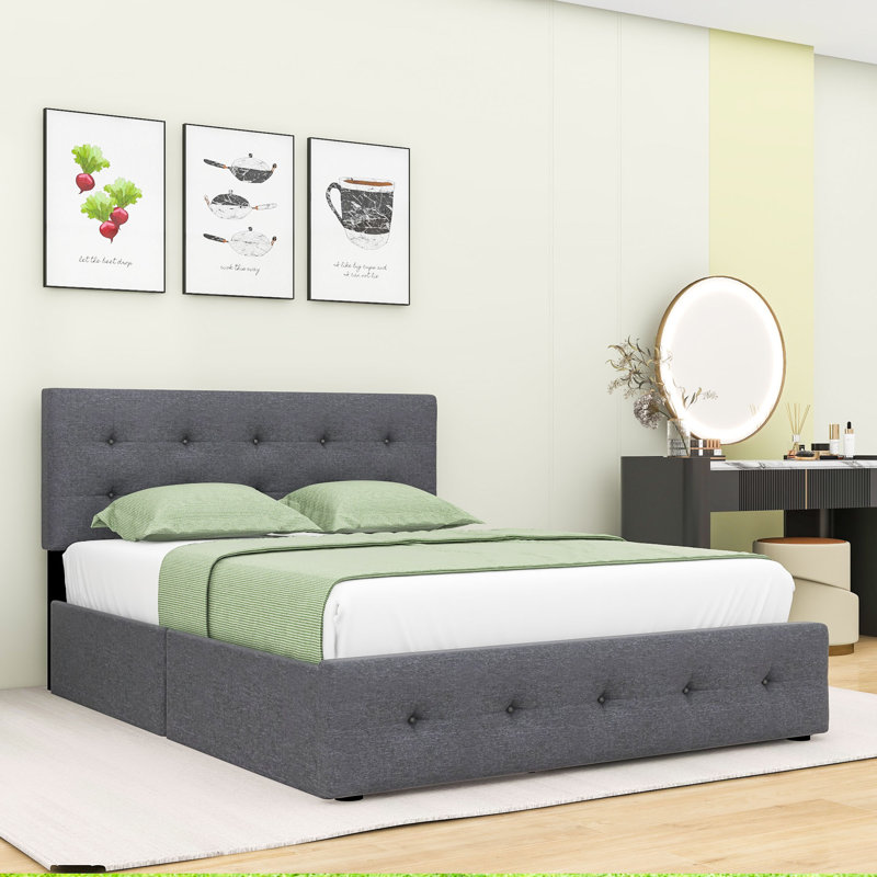 Evennie Queen Tufted Upholstered Storage Platform Bed, Dark Gray