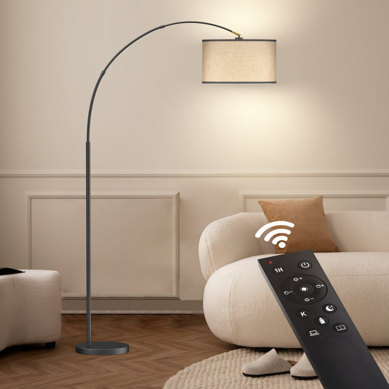 Asem 78.7'' Black Arched/Arc Floor Lamp with Remote Control, LED Bulb Included, and Big Drum Shade, Light Grey
