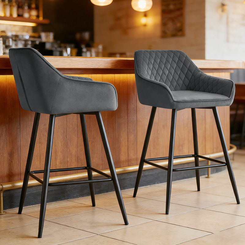 Saarrah 68cm Upholstered Bar Stool with Arm, Grey Velvet, 2