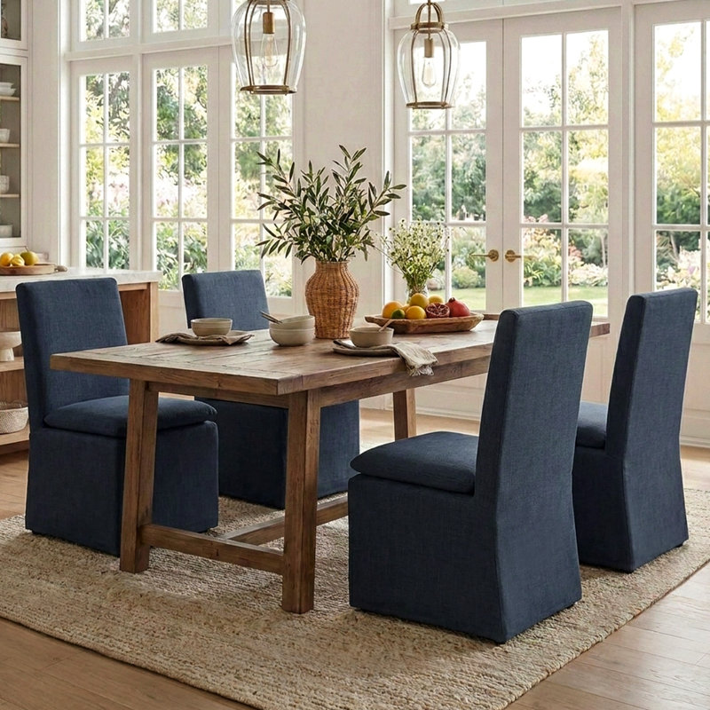 Chaise de salle à manger rembourrée en lin 21 po avec roulettes interchangeables et pieds fixes (ensemble de 4), Indigo