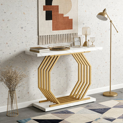 Faux Marble Console Table Accent Sofa Table with Geometric Metal Base