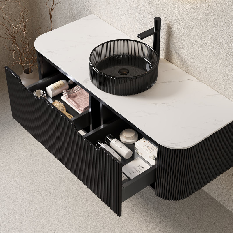 Meuble-lavabo de salle de bain 48 po Dina avec lavabo, armoire de rangement murale rayée à bords arrondis flottants avec 2 tiroirs, lavabo et comptoir en verre noir transparent pré-assemblé