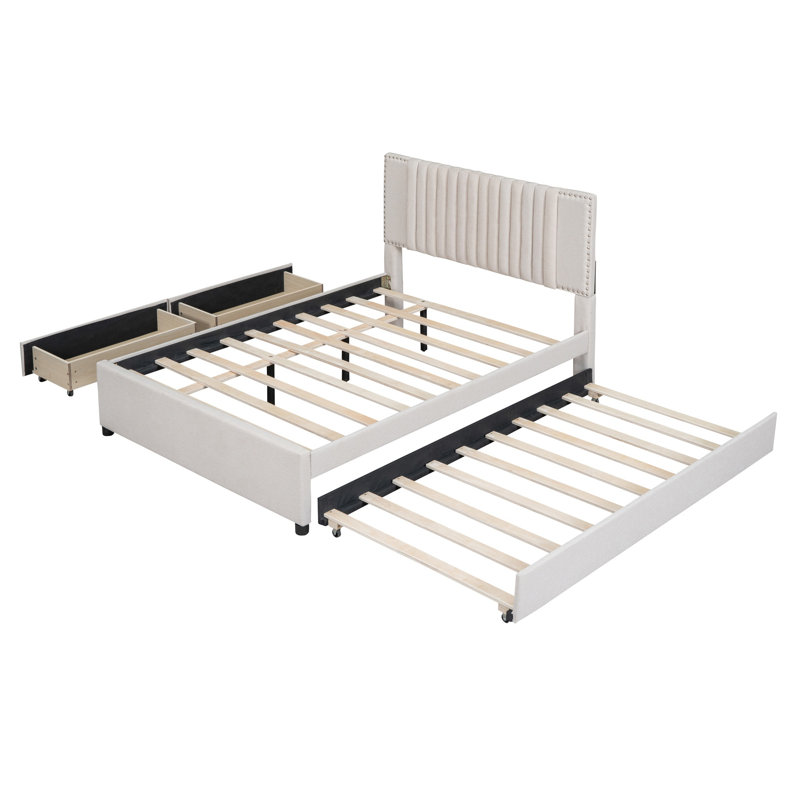 Lit plateforme double tapissier pleine grandeur avec 2 tiroirs et lit gigogne simple, tête de lit classique, beige, Beige