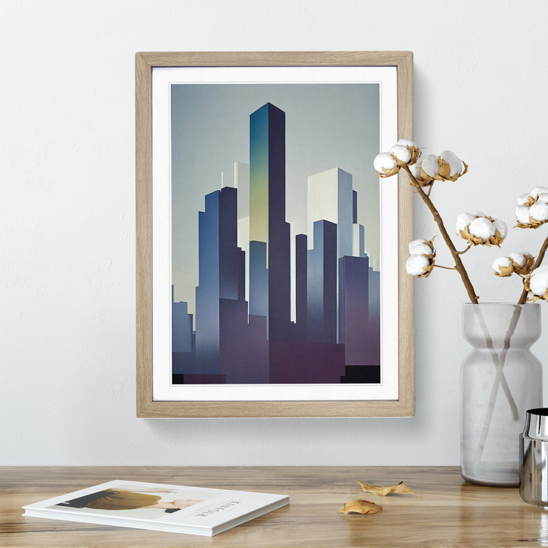 Serene City Skyline No.3 - Framed Print, 34cm H x 25cm W x 2cm D, Oak Framed