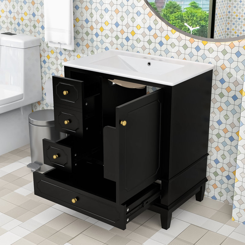 Meuble-lavabo simple autoportant moderne avec charnières à fermeture en douceur, lavabo en céramique et grand rangement, Noir
