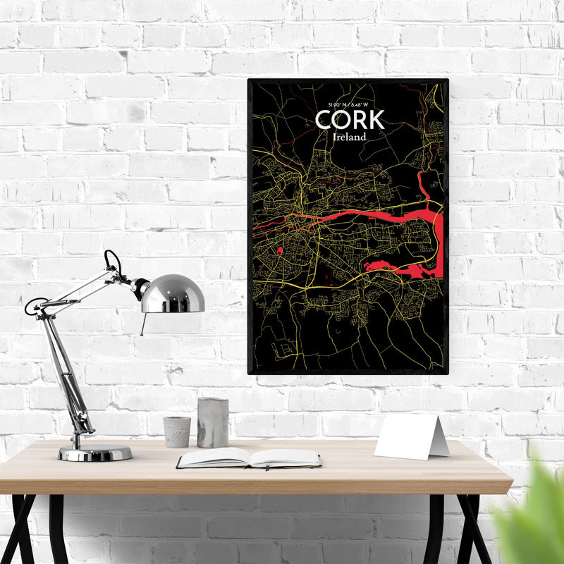 Cork City Map, impression, H 36 po x l 24 po, Noir / rouge / jaune