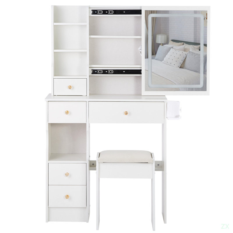 29.2" Small Size Left Drawer Desktop Vanity Table + Cushioned Stool, White