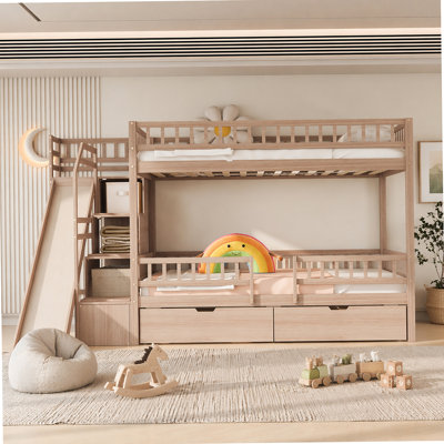 Full over Full Bunk Bed with Storage Staircase, Slide and 2 Drawers, Walnut