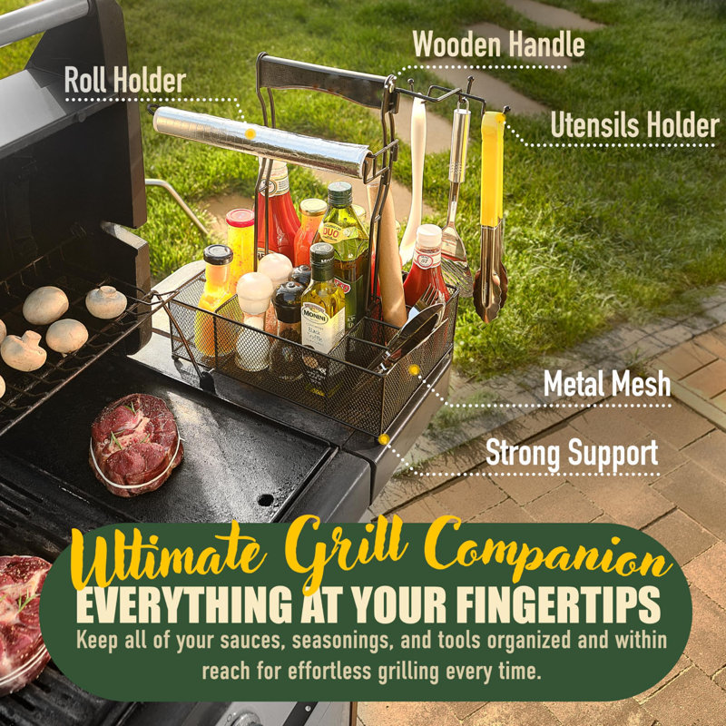 Condiment, Utensil Grill Caddy With Paper Towel Holder With Bonus Grill Mat; Multi-Compartment For Spices, Sauce, Plates, Flatware; Picnic, RV & BBQ Caddy; Grilling, Camping And Tailgate Essential