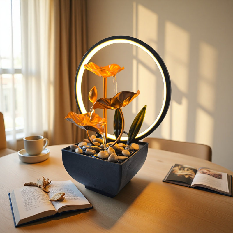 Fontaine de bureau Golden Lotus avec halo