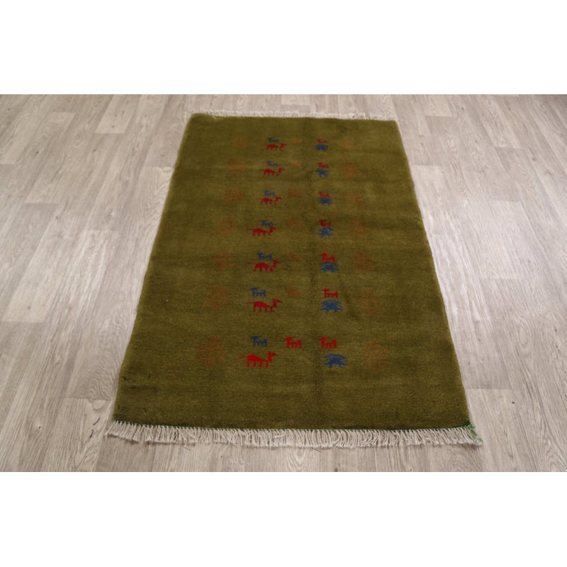 Tapis zone en laine vert 3 pi 3 po x 4 pi 8 po one-of-kind-noué la à la main new age gabbeh