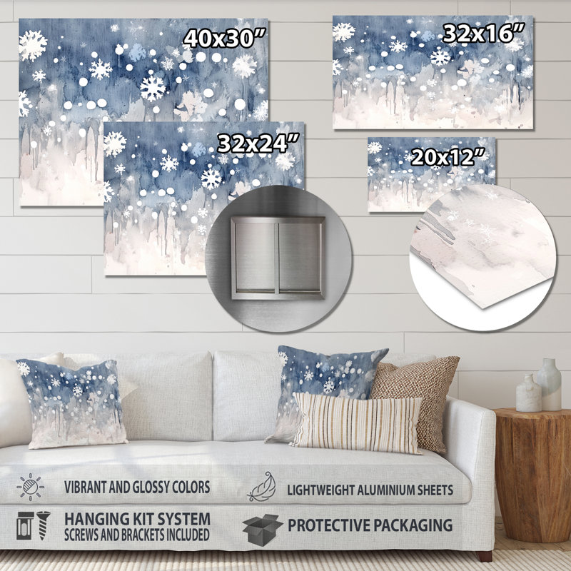 Flocons de neige tombant en hiver I - décor mural en métal paysages, paysage d'hiver, 16" H x 32" W