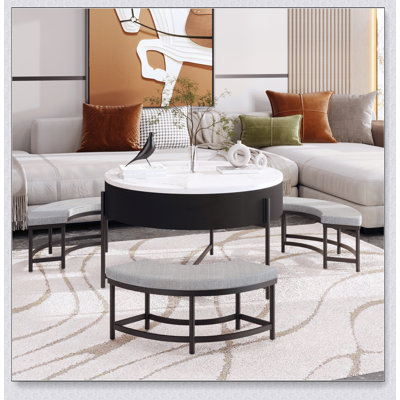 Modern Round Lift-Top Coffee Table With Storage And 3 Matching Ottomans, Perfect For Versatile Living Spaces