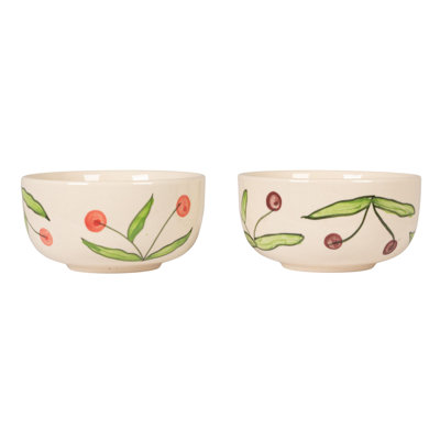 Hand‑Painted Stoneware Bowl Set With Cherry Motif