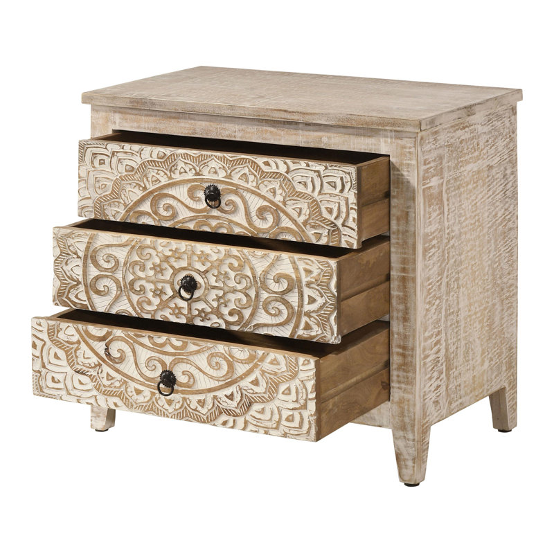 3-drawer Wood Mandala Cabinet Distressed White