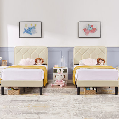 (Set of 2) Beige Twin Size Upholstered Platform Bed Frame with Adjustable Headboard, No Box Spring Needed