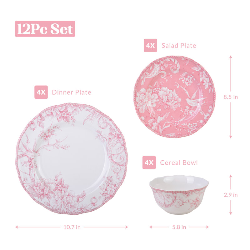 Ensemble de vaisselle en porcelaine 12 pièces 222 Fifth Adelaide Blush - Service For 4, ensemble d'assiettes et de bols, Rose