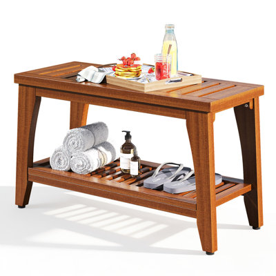 Banc de douche 24 po en teck massif de qualité supérieure avec tablette de rangement - capacité de 400 lb, siège imperméable et antidérapant pour salle de bain, bord de piscine, spa