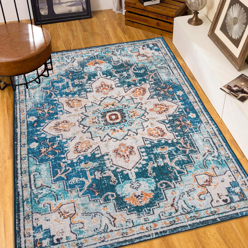 Area Rug Vintage Bohemia Large Persian Non-Slip Washable Rug For Living Room Kitchen Bedroom Living Room Flower Design