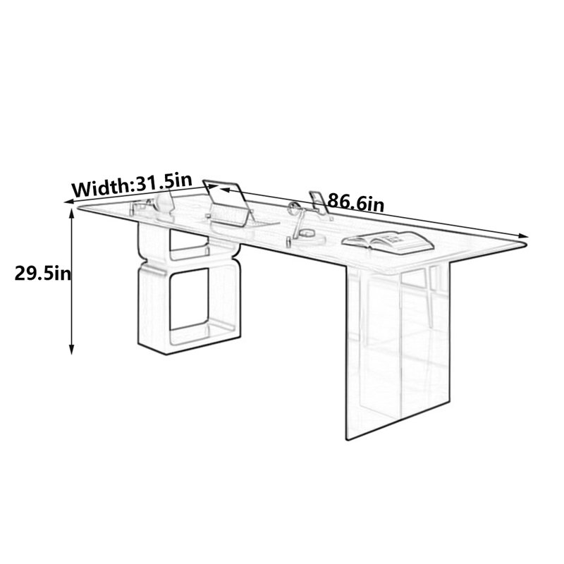 Bureau en bois massif minimaliste avec pieds en acrylique, H 29,5 po x l 86,6 po x P 31,5 po