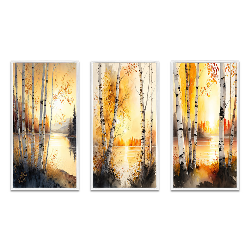 «Yellow Birches By The Lakeside», 3 pièces, Cadre flottant blanc, H 32 po x l 48 po